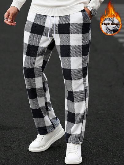 Manfinity CasualCool Men's Black & White Plaid Fleece Straight Leg Pants, Autumn/Winter Men Plaid Pants Men Baggy Sweatpants Men Jogger Pants Men Black And White Pants Daily Leisure, Weekend Trips, Outdoor Activities, Travel Expeditions, Relaxed Work Environments Or Semi-Formal Occasions,Boyfriend/Husband Gift, Anniversary Gift Christmas Outfits