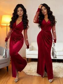 SHEIN Elenzya Vestido largo de manga larga de terciopelo, con parches de malla con lentejuelas, ajustado a la cintura y con línea A, elegante para uso diario, de moda francesa vintage y versátil para Navidad, Año Nuevo, negocios, color burdeos, otoño/invierno - Burdeos - Ver 8