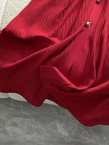GlowEve Elegant Knitted Textured Red Midi Dress With Metal Button Decor, Sophisticated & Graceful, Autumn/Winter - Red - View 3