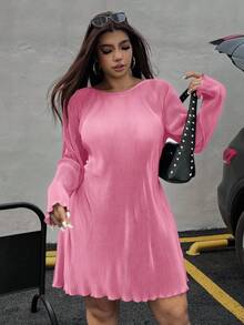 SHEIN EZwear 大码休闲简约粉色圆领A字连衣裙，秋季 - 粉色 - 查看 4