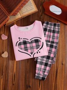 مجموعة من قطعتين للبنات تتكون من ملابس علوية كم طويل بطبعة مربعات وبنطلون ملائم للارتداء اليومي والراحة المنزلية - وردي فاتح - مشاهدة 6