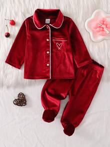 2 件套新生女童可爱蝴蝶结图案长袖上衣和裤子休闲舒适睡衣套装 - 酒紅色 - 查看 5