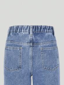 SHEIN ChillGRL Girls' All-Match Casual Denim Jeans, Versatile, Suitable For All Seasons, Fashion Simple Style, Elastic Waist, Zipper Closure, Washed Denim Cropped Pants Denim Baggy Jeans Loose Jeans Y2k Jeans - Medium Wash - View 5