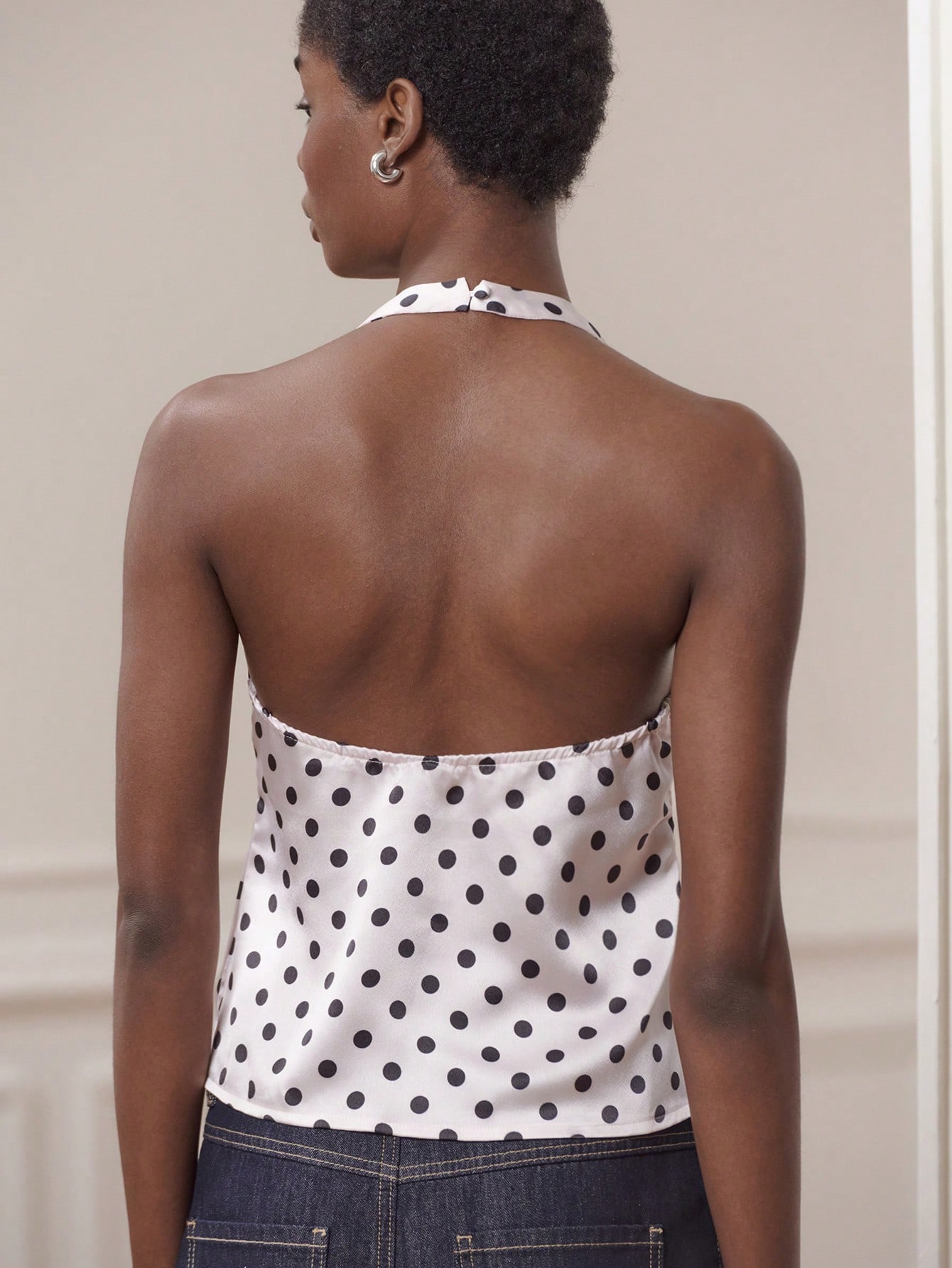 Top halter de satén rosa claro con lunares negros y gran detalle de lazo, elegante top de estilo vintage para fiestas, otoño, invierno y vacaciones, top elegante de estilo francés