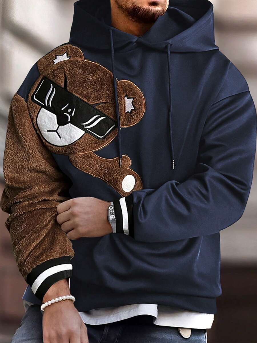 Manfinity Homme Sudadera con capucha holgada para hombres con bolsillo canguro y cordón, con estampado de oso