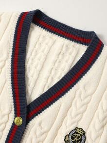 Airaco 学院风休闲撞色饰边V领开衫 - 杏色 - 查看 4