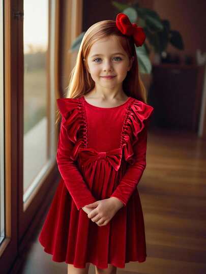 SHEIN Young Girl Casual Elegant Solid Red Knitted Velvet Bow Decor Ruffle Hem Long Sleeve Cinched Waist Midi Dress, Girls Red Dress, Suitable For New Year Party, Birthday Party, Sibling Outfits Matching Outfits