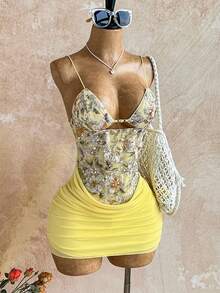 Soleia 女士花卉刺绣镂空褶皱亮片装饰性感吊带迷你连衣裙 - 彩色 - 查看 5