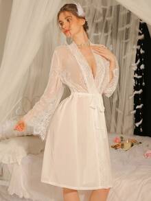 DelicateAllure 性感网纱蕾丝拼接迷人睡袍，优雅长款女式睡袍，秋冬皆宜 - 白色 - 查看 6