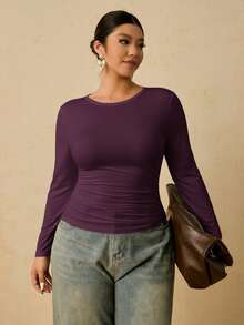 Travachic 加大码女式黑色长袖圆领保暖内衣，腰部褶皱收腹T恤 - 紫色 - 查看 4