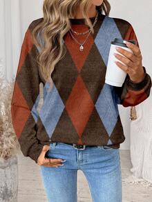 SHEIN LUNE Casual Plaid Print Pattern Loose Fit Crew Neck Long Sleeve Sweatshirt For Women, Suitable For Autumn/Winter New Year Party - Multicolor - View 5