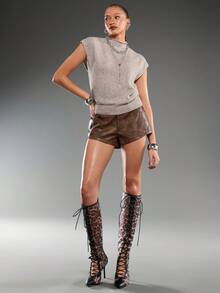 Normani Elegant High Neck Loose Casual Versatile Sleeveless Knit Sweater Vest Going Out Tops Women,Tops For School In Fall/Winter - Apricot - View 3