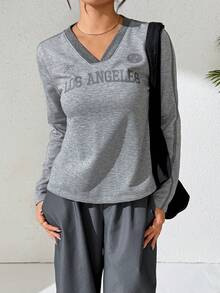 Modelyn Women's Casual Sporty Contrast Trim Long Sleeve Top Grey Top - Light Grey - View 7
