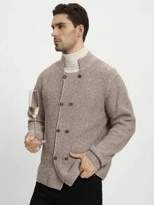 Męski, jednokolorowy, elegancki, dwurzędowy kardigan z długim rękawem, jesień/zima - Morela - Zobacz 3