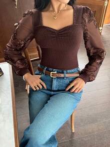 SHEIN Frenchy Brown Striped T-Shirt  Women Casual Jacquard Patchwork Long Sleeve Blouse, Autumn Winter  Brown,Long Sleeve Top Casual Basics Going Out New Year Women's Top T-Shirt Winter Casual Spring - Brown - View 3