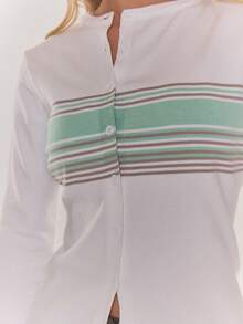 MUSERA Stripe Asymmetric Button Down Long Sleeve Knit Cardigan Top Classy Cute Sexy Streetwear Night Out Blancs - White - View 6
