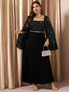 SHEIN Clasi Curvy Plus-Size Women's Black Elegant Formal Evening Dress,Autumn Shimmering Chiffon Square Neck Open Sleeve Pleated Hem Fitted Waist Party Ball Gown - Black - View 6