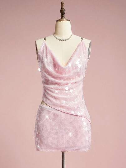 ROMWE Avant Sexy Backless Sequin Draped Neck Camisole For Party