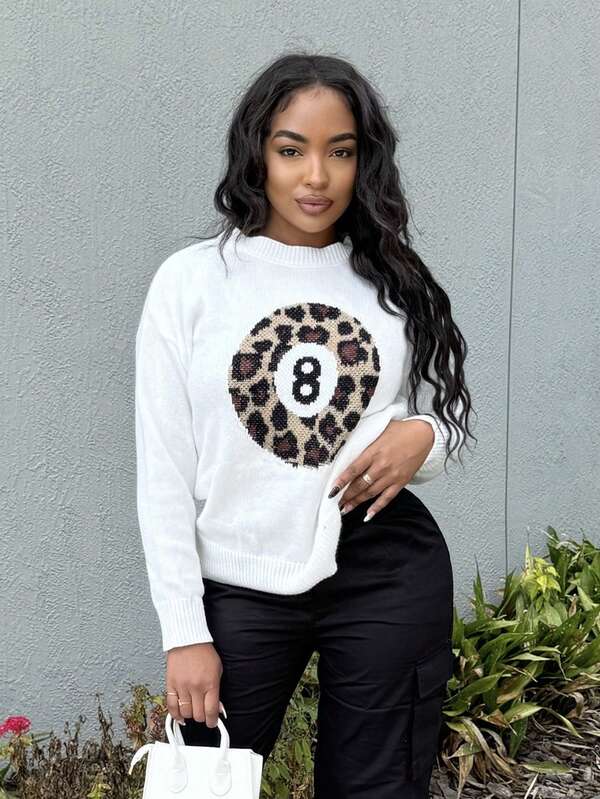 Alexandranx Suéter holgado de caída de hombros con estampado de billar para mujer, otoño/invierno