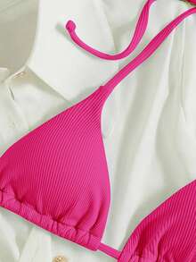 Swim Vcay 2026春夏女士度假特款面料吊带露背玫红色性感丁字比基尼两件套泳衣 - 玫紅色 - 查看 5