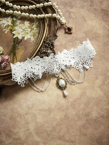 Vintage Lace Embroidered Pearl Pendant Necklace, Elegant Choker For Women, Suitable For Dates And Festivals - White - View 2