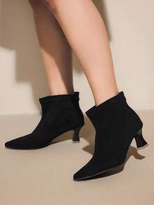 CUCCOO CURVES Fashionable Versatile Casual Retro Wide Fit High Heel Back Zipper Ankle Boots, Suitable For Daily Wear, Autumn/Winter - Black - View 5