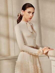 Anewsta 女士蝴蝶结装饰长袖毛衣，优雅百搭，适合秋季、冬季、春季、新年、派对、婚礼、时尚、休闲、舒适、感恩节、毕业典礼、圣诞节等场合。 - 杏色 - 查看 6