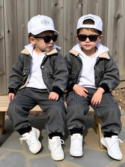 SHEIN 两件套男童做旧加厚抓绒领棒球夹克和休闲工装裤套装，适合居家、外出、街头摄影，休闲韩版风格
