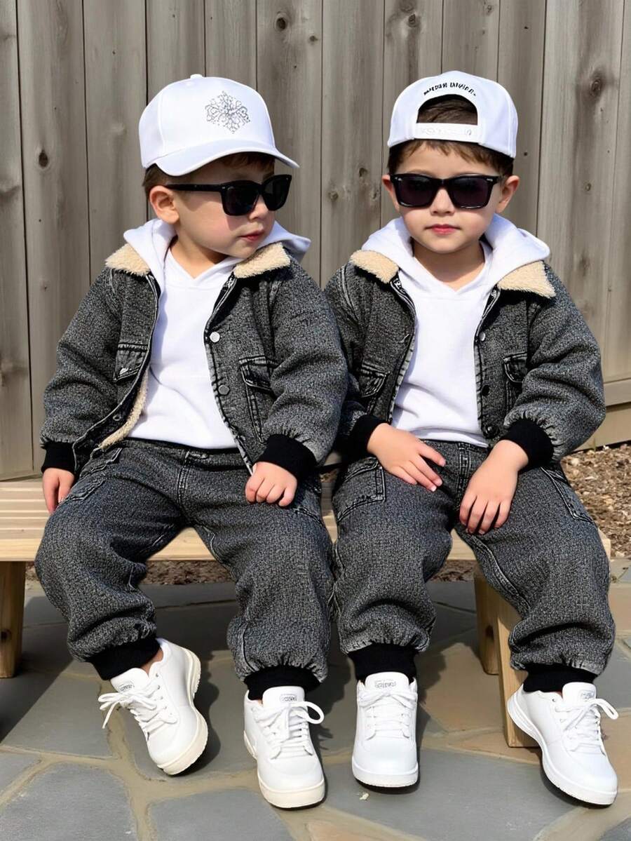 SHEIN 两件套男童做旧加厚抓绒领棒球夹克和休闲工装裤套装，适合居家、外出、街头摄影，休闲韩版风格 - 彩色 - 查看 1