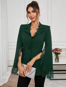SHEIN Clasi 女士优雅中式立领收腰修身蕾丝拼接开衩袖西装外套，适合通勤、办公室、约会，黑色 - 墨綠色 - 查看 6