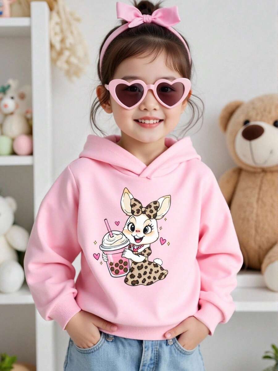 Girls Hooded Sweatshirt, Pink, 2025 Collection, Sizes 4-7 Years, Spring/Autumn, Long Sleeve, Hooded Top, Fashionable & Cute, Suitable For School, Vacation, Travel, Outdoor Activities, Back To School - Pink - View 1