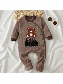Loomiva 新生女宝宝卡通熊图案针织柔软撞色圆领长袖连体衣 - 棕色 - 查看 5