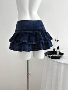 Elamini Falda vaquera minimalista y casual de unicolor para mujer - Azul lavado oscuro - Ver 2