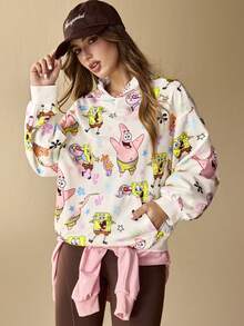 SpongeBob SquarePants | SHEIN Women's Cartoon & Floral Pattern Hooded Long Sleeve Pullover Sweatshirt