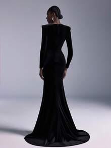 Elitara Elegantes schwarzes Samtkleid mit breiten Trägern, Schulterklappe, langen Ärmeln, sexy tiefem V-Ausschnitt, abnehmbarem metallischem 3D-Blumen-Meerjungfrauen-Saum-Maxikleid, geeignet für alle formellen Anlässe, Abendgarderobe, Brautjungfernkleid, Partykleid