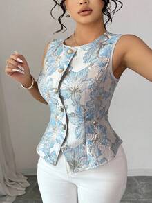 Elenzga 大码女式圆领无袖刺绣花卉仿珍珠纽扣前襟收腰优雅法式休闲衬衫 - 藍色 - 查看 4