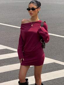 Muchica 女士新款秋季抓绒斜领长袖修身连衣裙