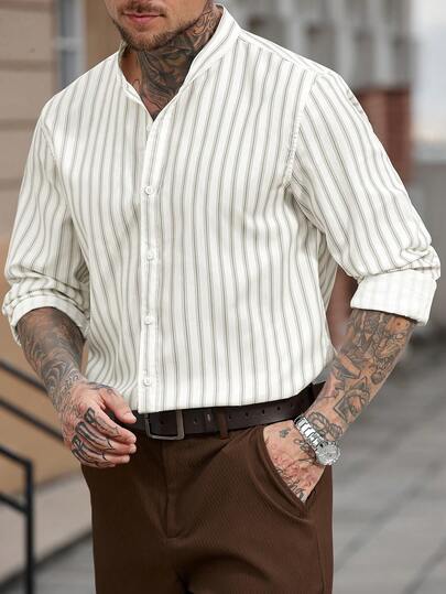 Manfinity CasualCool 男士条纹印花纽扣休闲长袖衬衫