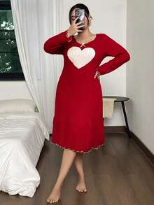 SHEIN Plus Size Lovely Heart Contrast Color Knit Nightgown, Winter - Burgundy - View 4