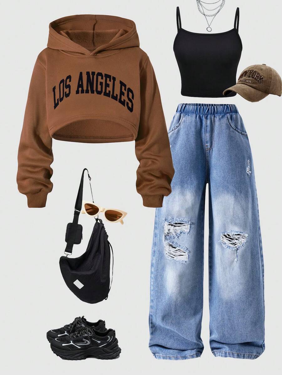 SHEIN Explorewe 3pcs Set: Tween City Name Print Cropped Hoodie, Simple Shoulder Strap Camisole, And Distressed Wide-Leg Jeans - Brown - View 1