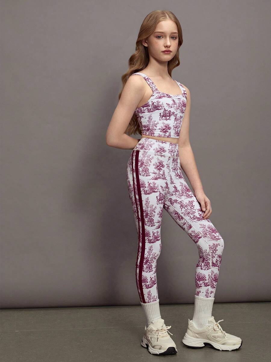 SHEIN Tween Girls Sketchy Print Tank Top & Leggings Set, High Stretch Fitted Racerback Tank With Pleated Bust Detail Paired With Skinny Leggings, Suitable For Fitness, Cycling, Jogging, Sports, And Casual Wear - White - View 1