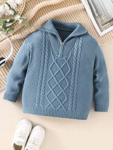 SHEIN Young Boy College Style Loose Fit Long Sleeve Stand Collar Half Button Cardigan Sweater,In Fall/Winter - Dusty Blue - View 6