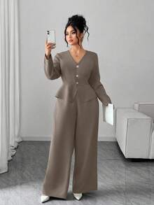 Elenzga Plus Size Women's Elegant V-Neck Cinched Waist Asymmetric Hem Long Sleeve Blazer Suit Set Gray Two-Piece Set With Cinched Waist - Khaki - View 1