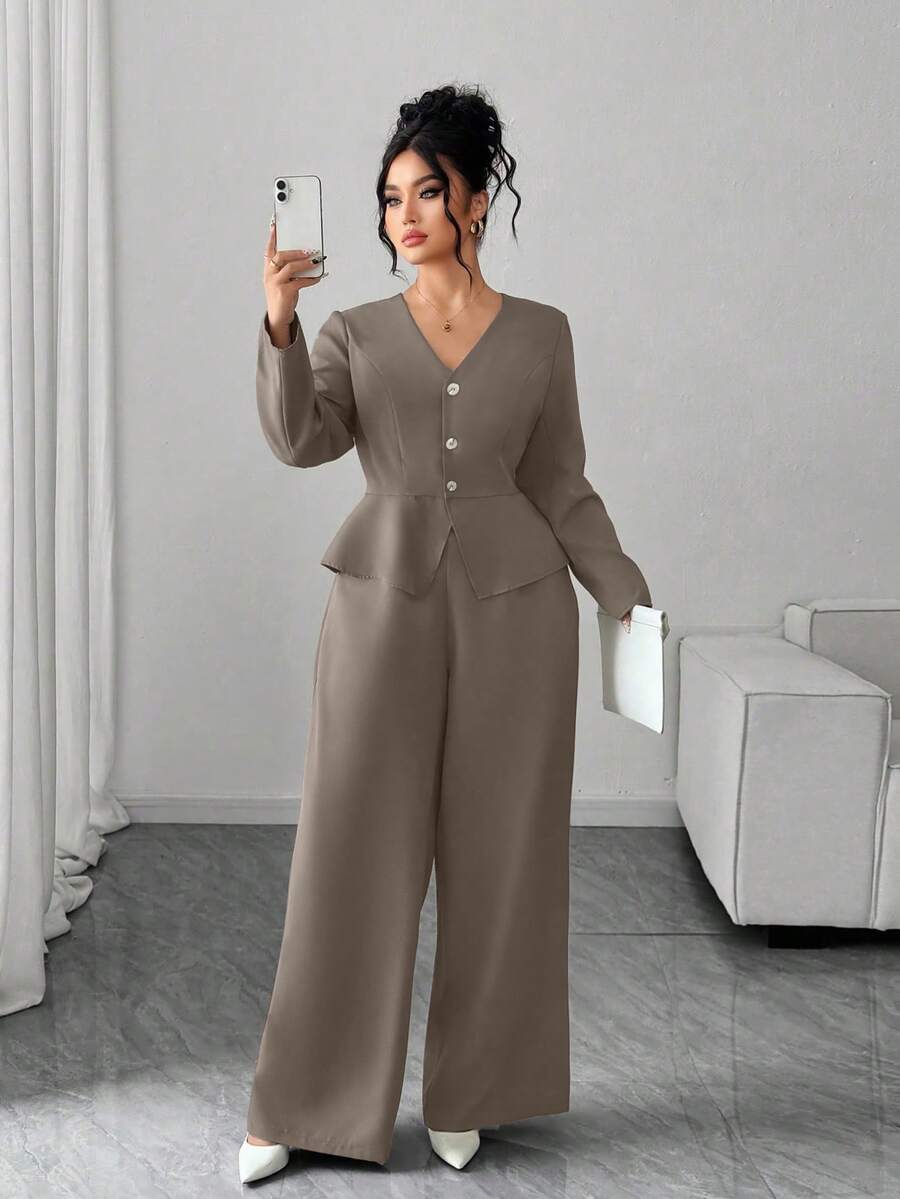 Elenzga Plus Size Women's Elegant V-Neck Cinched Waist Asymmetric Hem Long Sleeve Blazer Suit Set Gray Two-Piece Set With Cinched Waist - Khaki - View 1