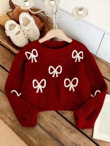 Nuevo suéter de punto con lazo versátil y lindo para niñas - Burdeos - Ver 4