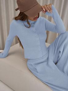 MUSERA 纽扣长袖开衫搭配宽松弹力针织裤和罗纹针织套装，优雅性感街头风，适合夜间外出，春季百搭单品。 - 淺藍色 - 查看 3