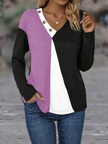 SHEIN LUNE 撞色纽扣细节落肩T恤图案女式上衣 - 紫色 - 查看 5