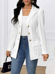 SHEIN Lady 女士纹理翻领泡泡袖金属双排扣休闲外套，秋冬款 - 白色 - 查看 7