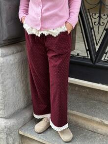 Vivie Lora Women's Polka Dot Print Patchwork Embroidery Hollow Out Wide Leg Casual Pants - Burgundy - View 5