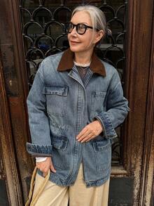 Vivie Lora Women's Casual Pocket Loose Long Sleeve Zip-Up Denim Jacket - Blue - View 6